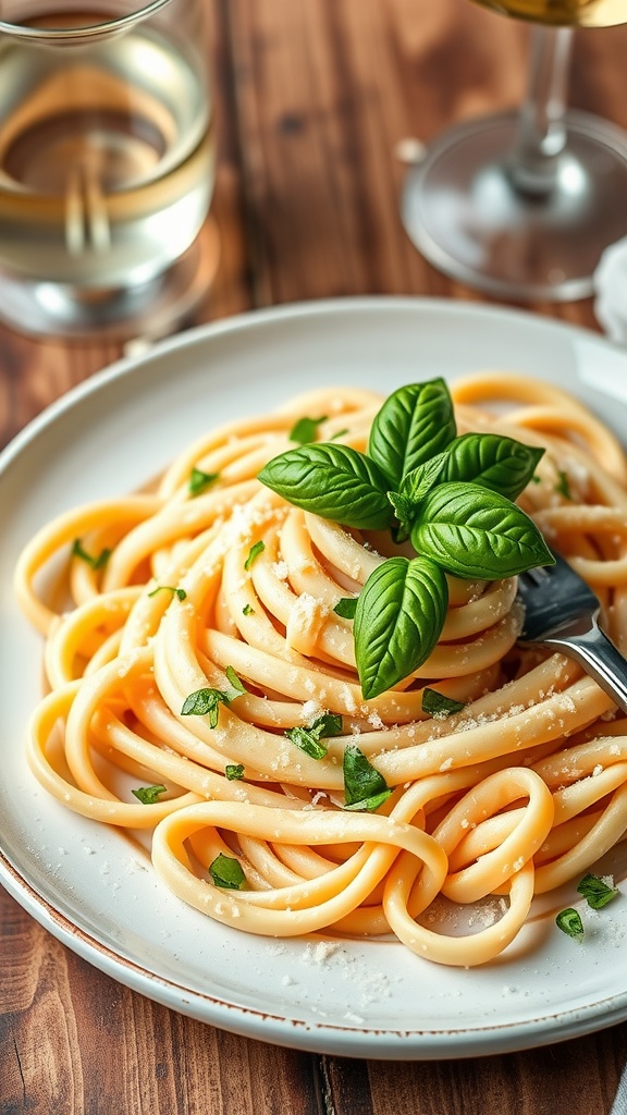 Creamy pasta with ricotta cheese, garnished with basil and Parmesan, on a rustic table.